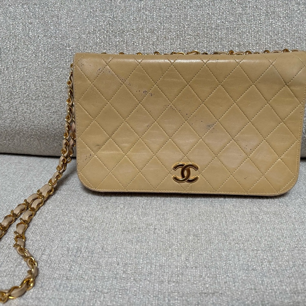 Chanel Tan Quilted Crossbody Bag with Gold Chain